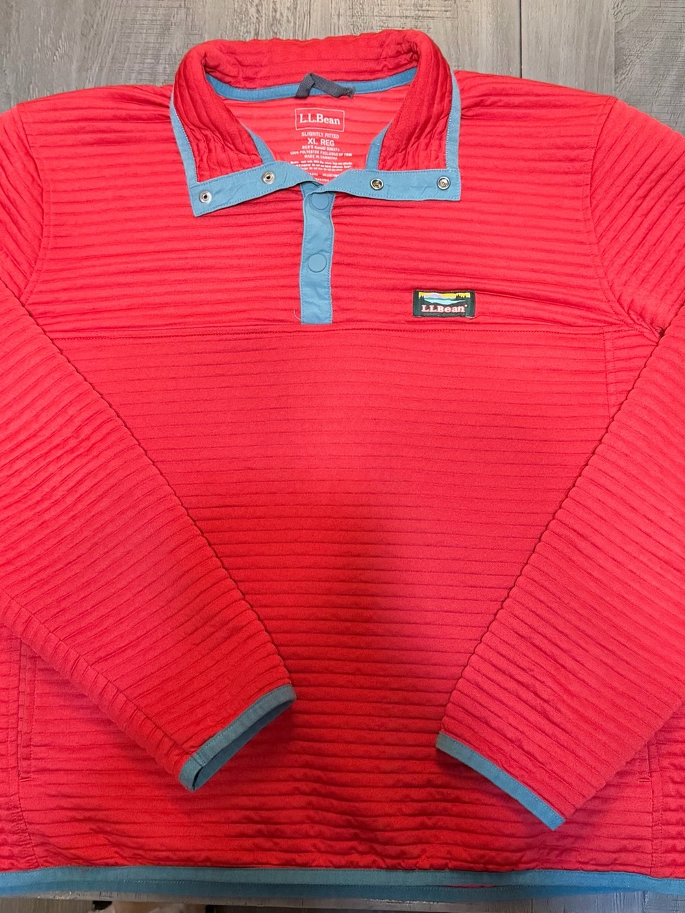 L.L. Bean Men’s Red Ribbed Zip-Up Pullover with Light Blue Trim